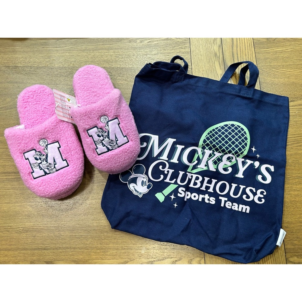 Disney Skinnydip Mickey Mouse Clubhouse‎ Pink Slippers & Navy Tote Bag